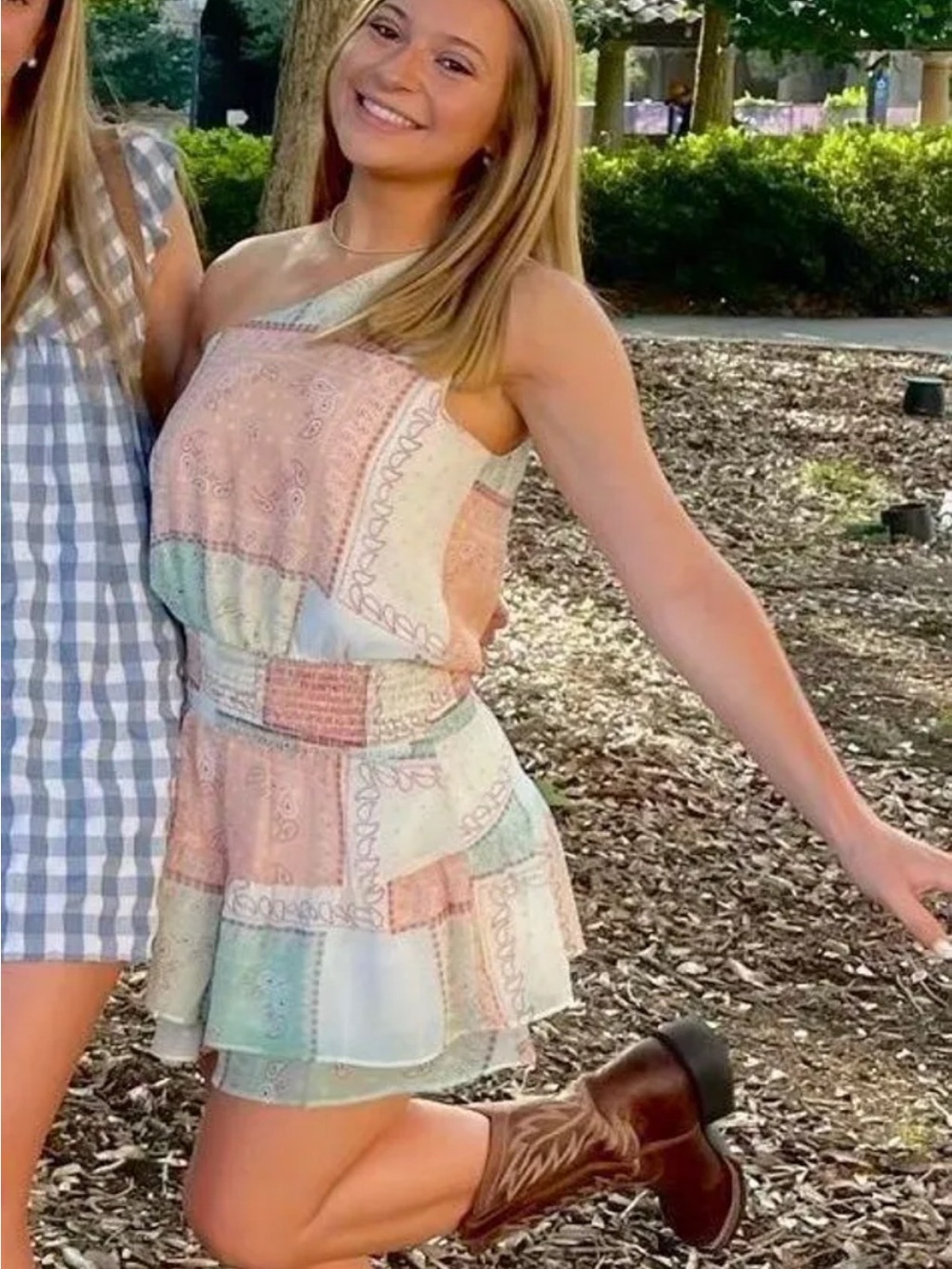 Isabelle’s Cabinet one shoulder bandana print dress
